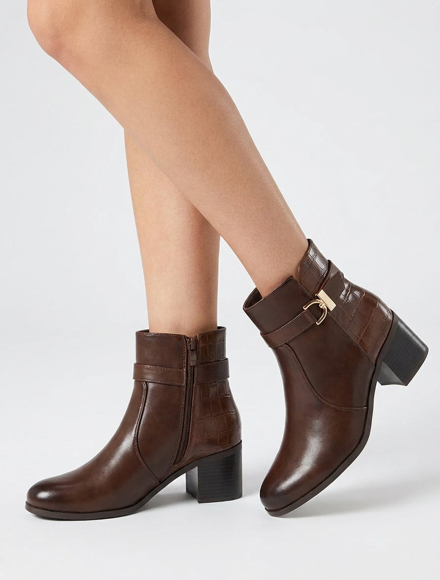 Bottines à contrefort effet croco - Marron