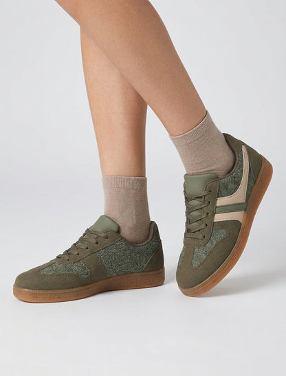 Sneakers à empiècement tissu effet tweed - Kaki