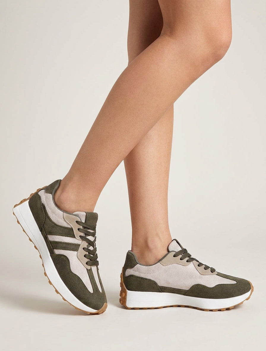Baskets effet nubuck à bandes contrastantes - Kaki