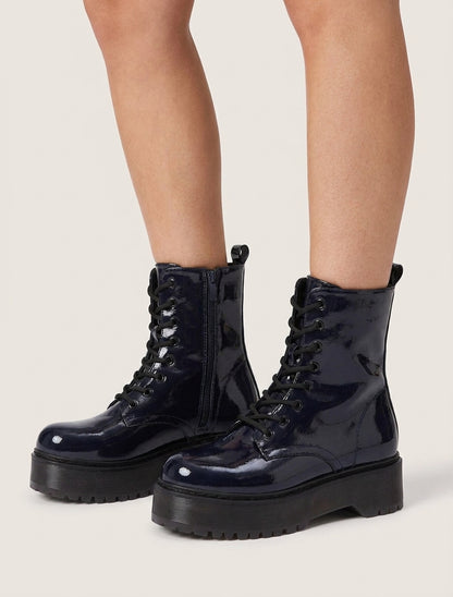 Bottines montantes vernies à lacets - Bleu nuit