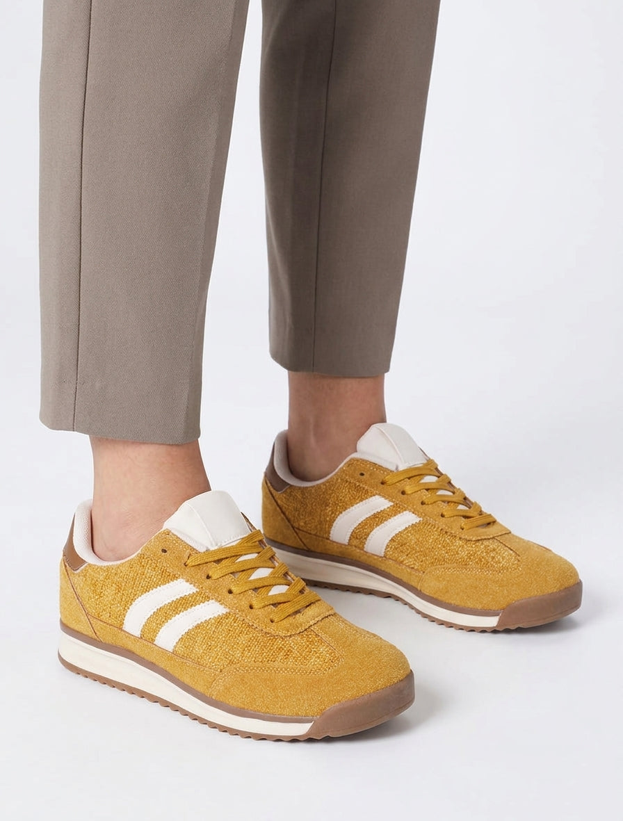 Sneakers en tissu effet tweed - Jaune moutarde