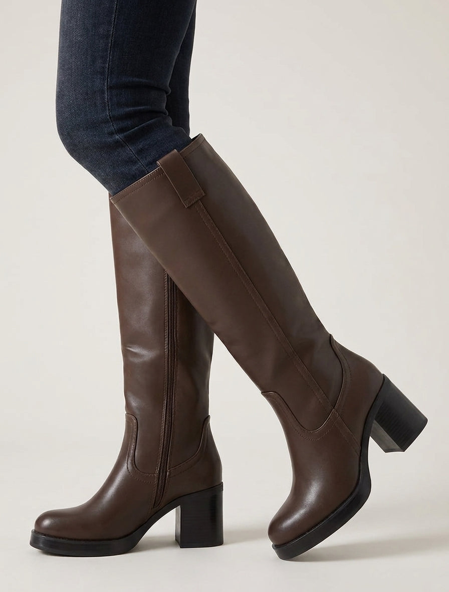 Bottes en simili à talon carré - Marron