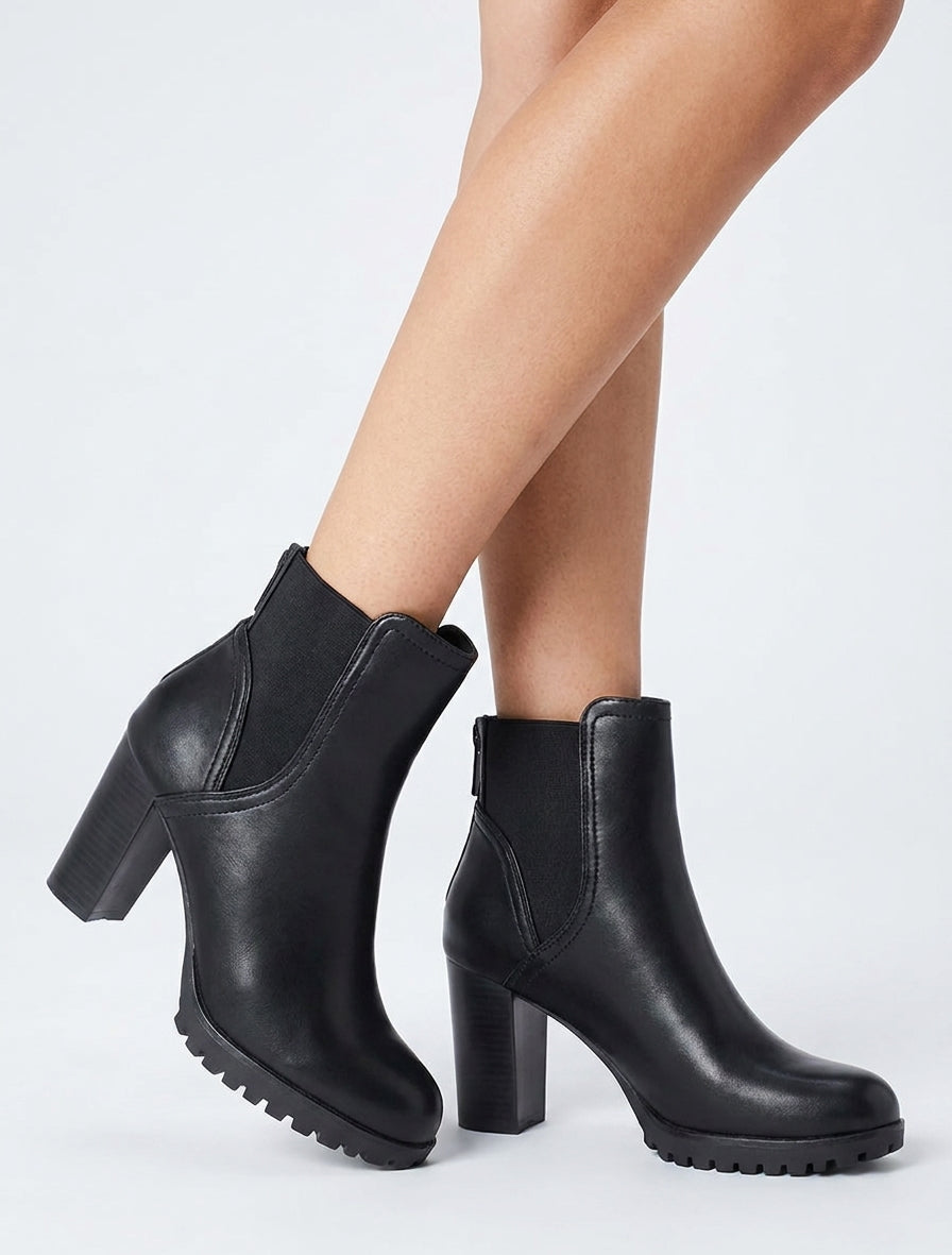 Bottines à talon haut et semelle crantée en simili - Noir