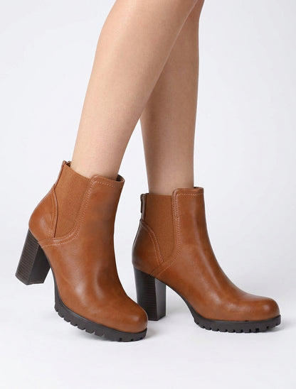 Bottines à talon haut et semelle crantée en simili - Camel