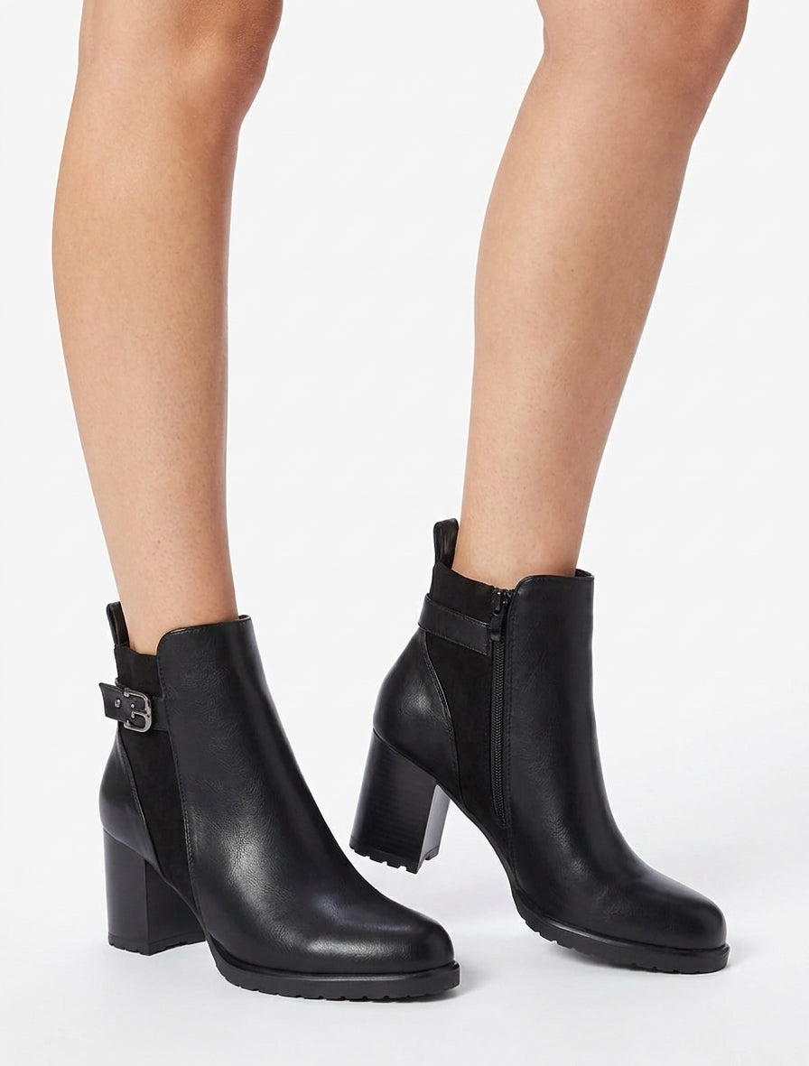 Bottines en simili et suédine à boucle métallique - Noir