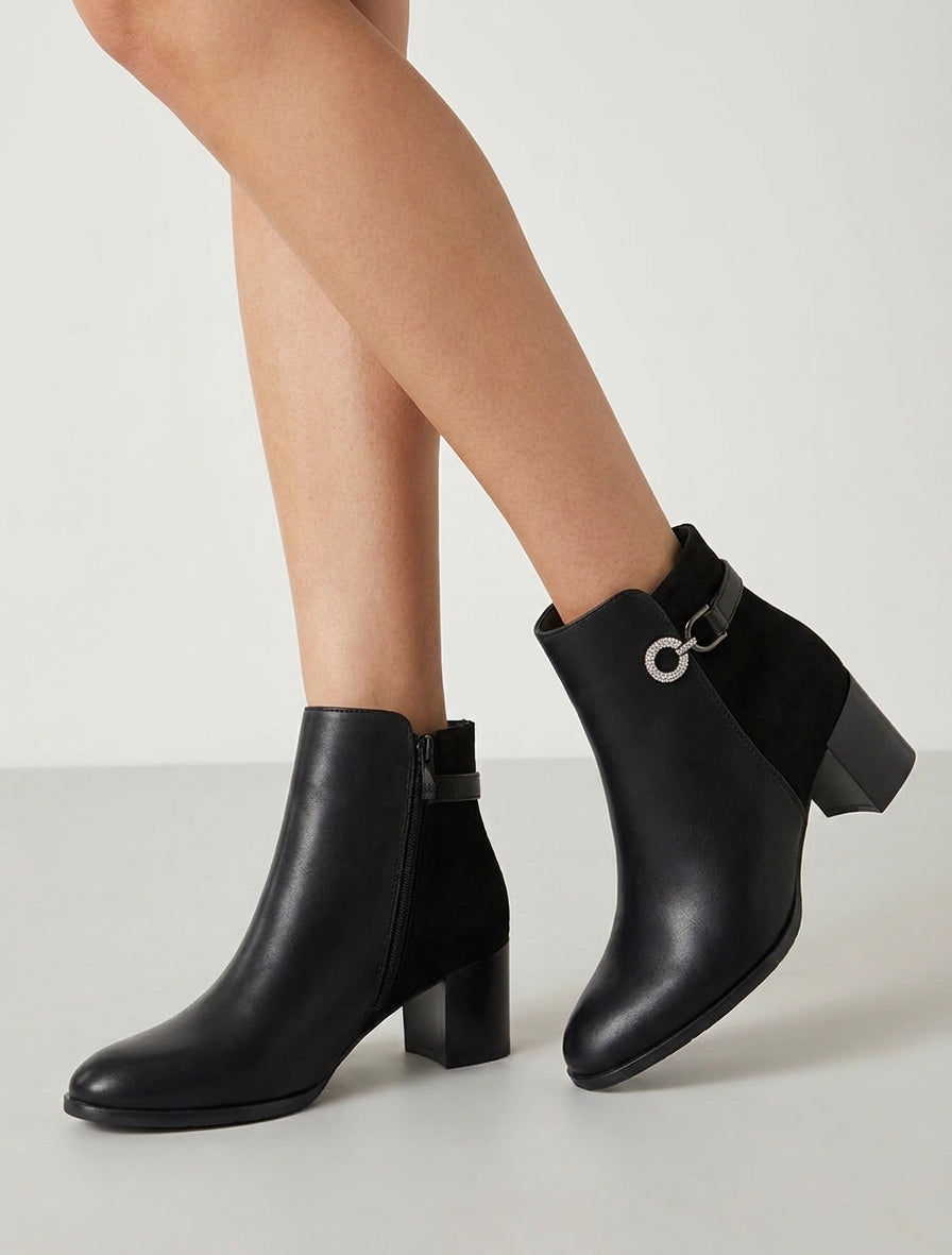 Bottines bimatière à boucle strassée - Noir