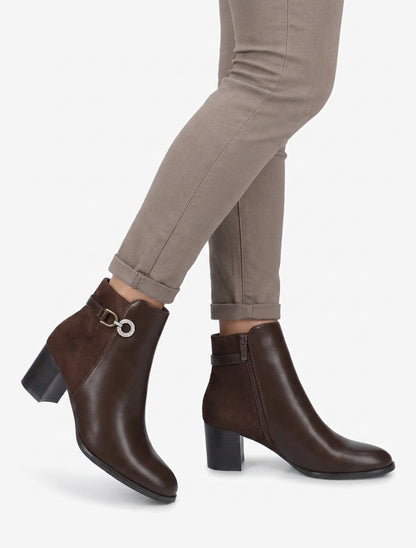 Bottines bimatière à boucle strassée - Marron