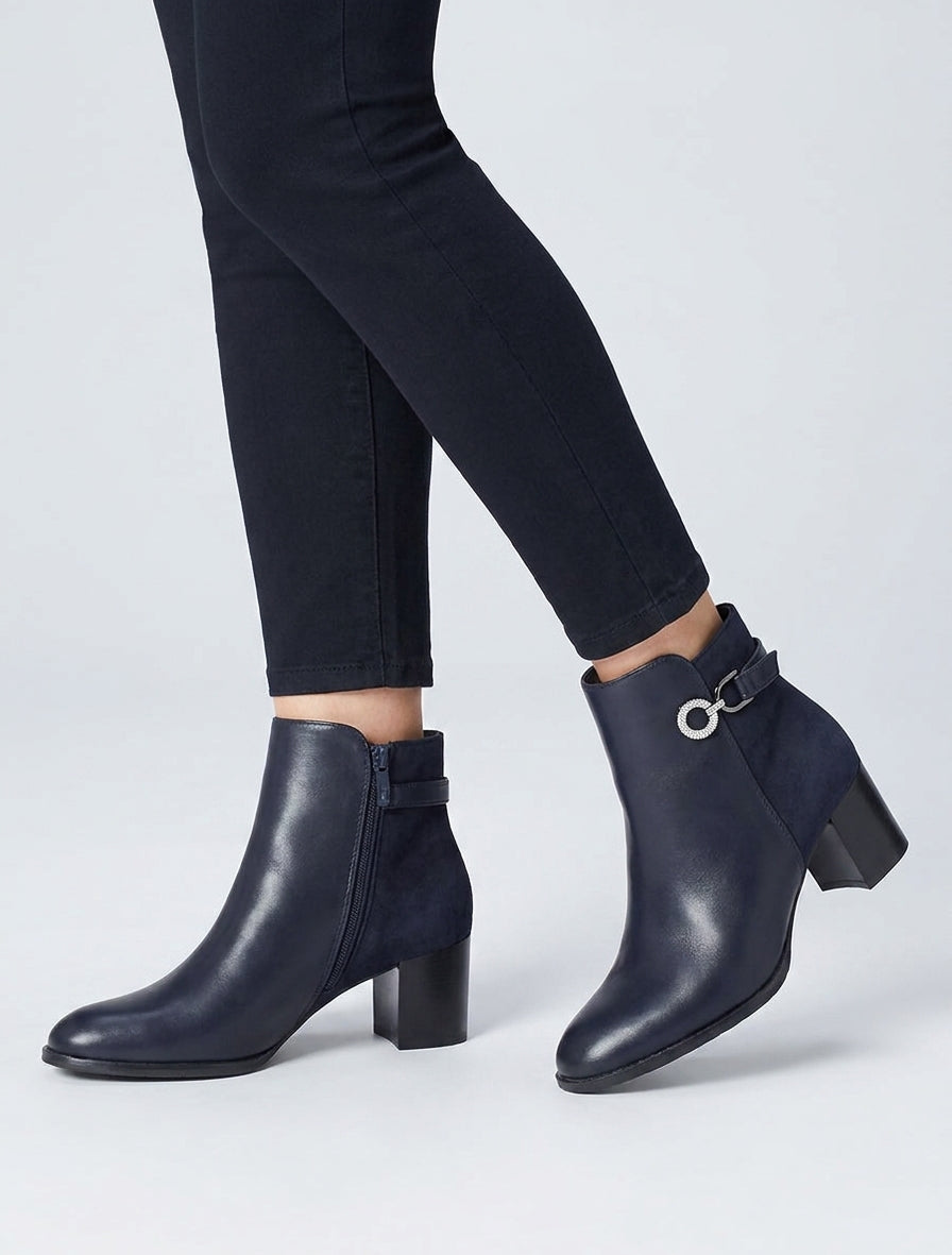 Bottines bimatière à boucle strassée - Marine