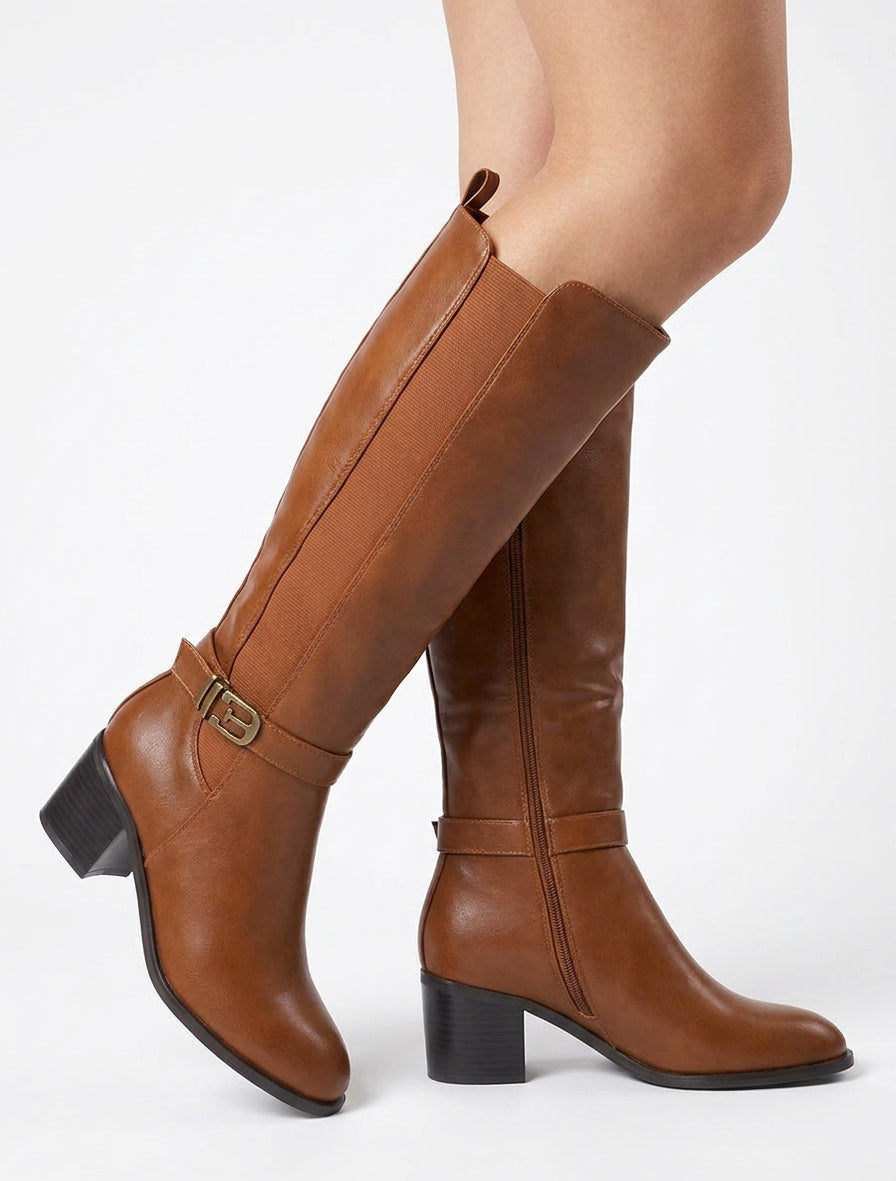 Bottes élastiquées en simili à boucle fantaisie - Camel