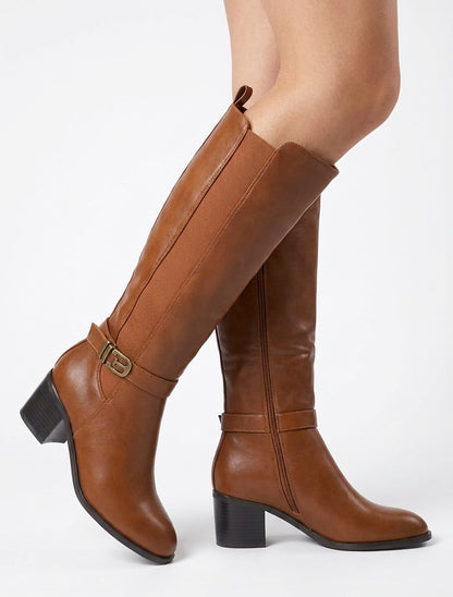 Bottes élastiquées en simili à boucle fantaisie - Camel
