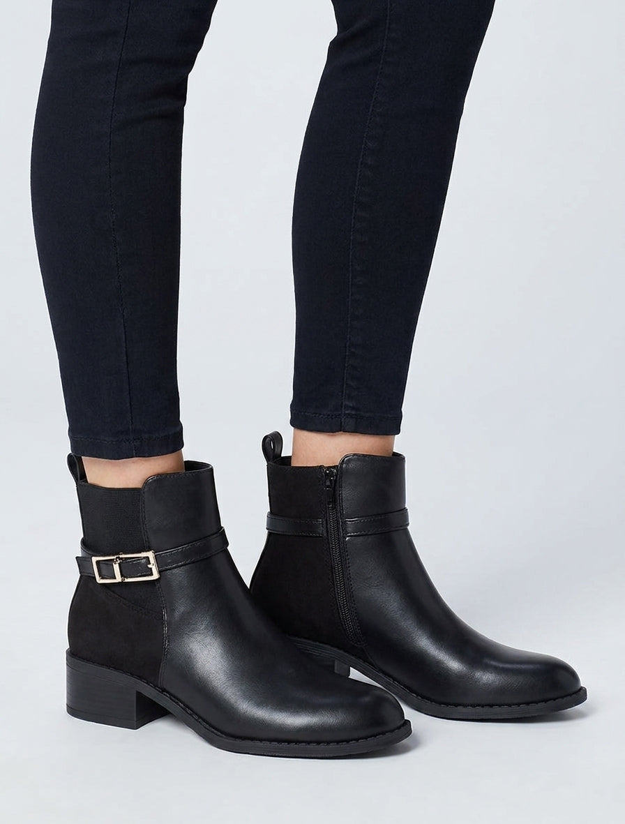 Bottines élastiquées bimatière à boucle métal - Noir
