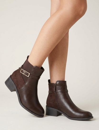Bottines élastiquées bimatière à boucle métal - Marron