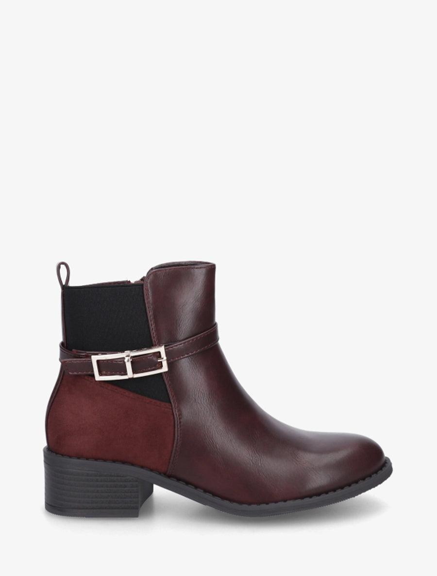 Bottines élastiquées bimatière à boucle métal - Lie de vin - 1