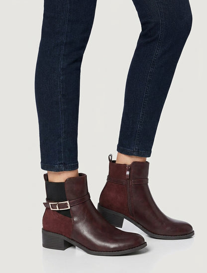 Bottines élastiquées bimatière à boucle métal - Lie de vin
