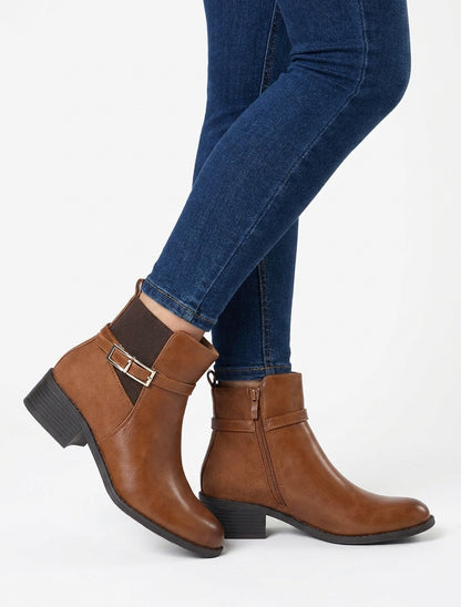 Bottines élastiquées bimatière à boucle métal - Camel