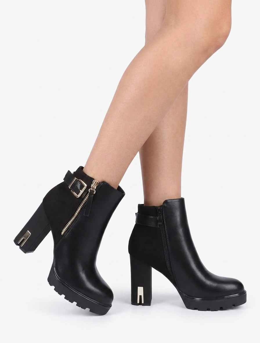 Bottines bimatière à zip décoratif - Noir