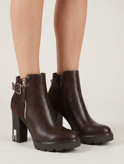 Bottines bimatière à zip décoratif - Marron