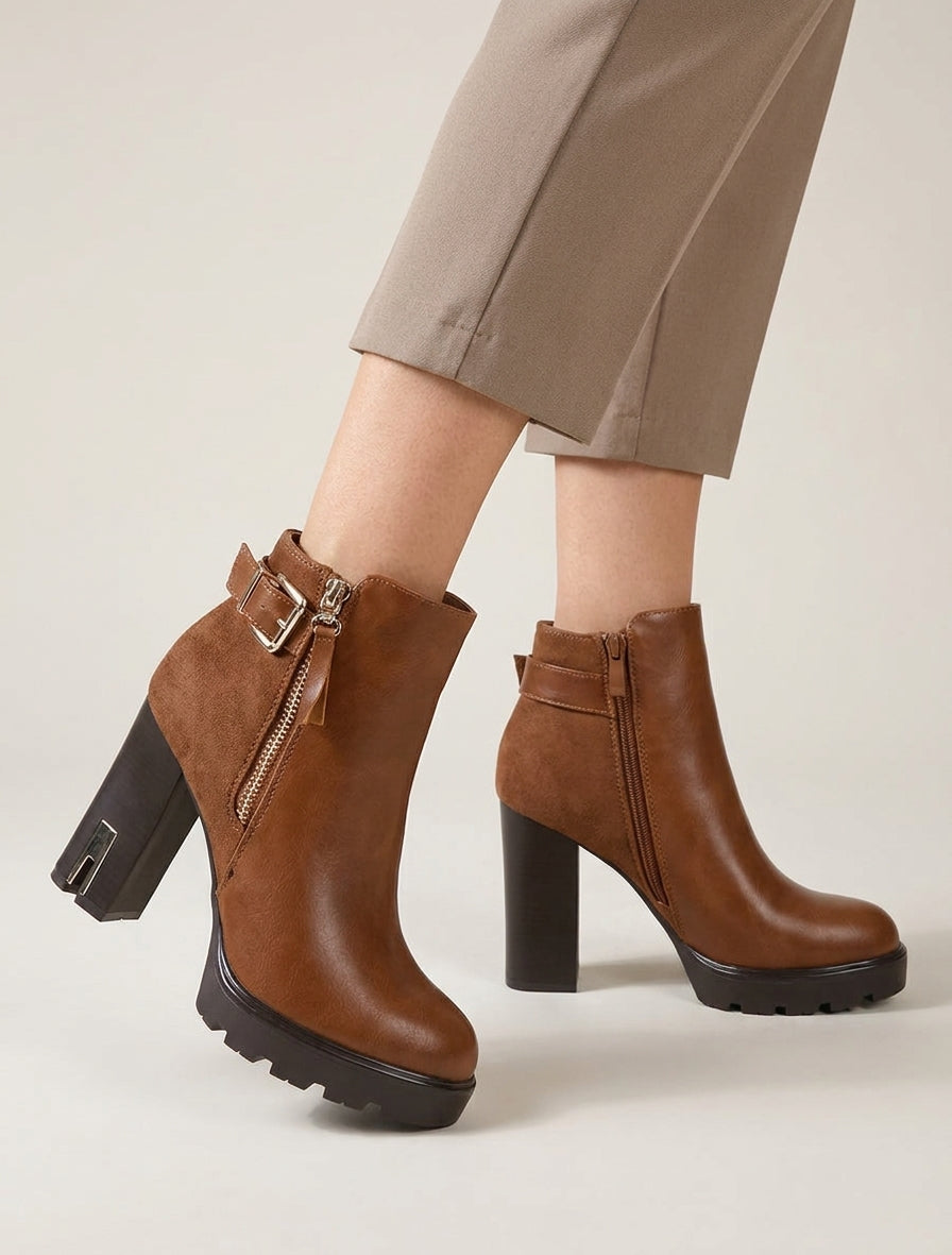 Bottines bimatière à zip décoratif - Camel