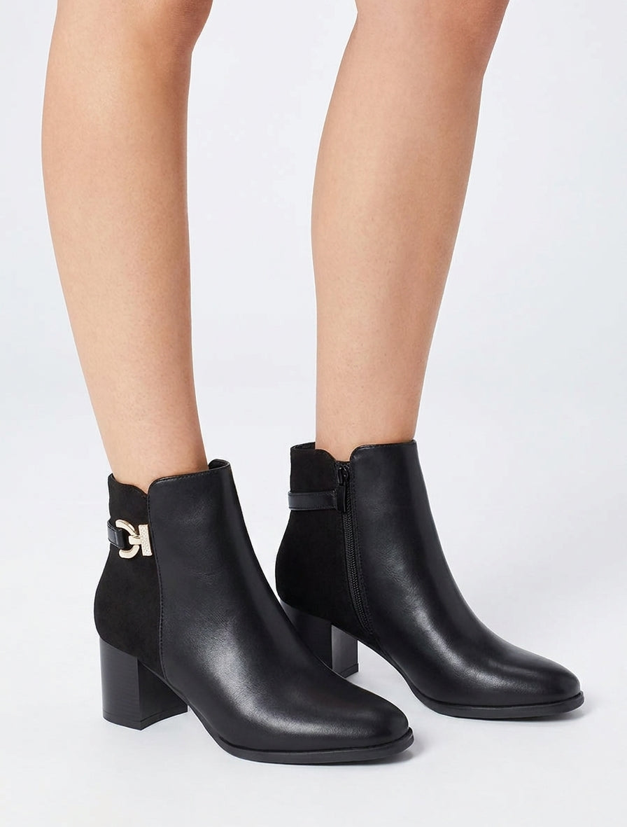 Bottines bimatière à boucle strassée - Noir