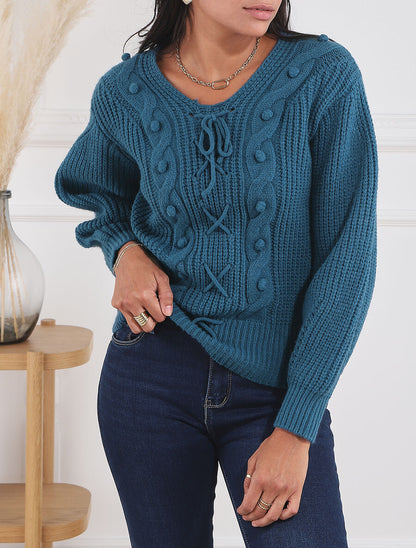 Pull corseté à manches bouffantes - Bleu canard - 4