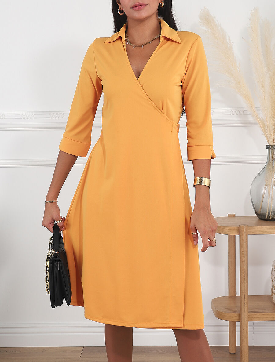 Robe portefeuille unie - Moutarde - 4