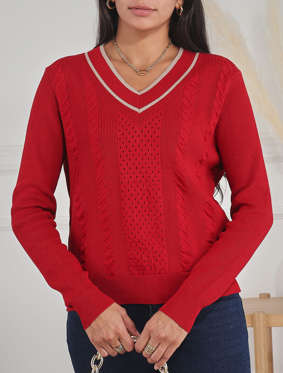 Pull à col V irisé - Rouge - 4