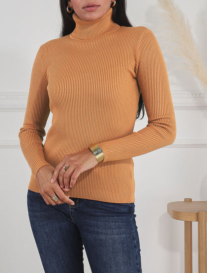 Pull ajusté côtelé à col roulé - Ocre - 4