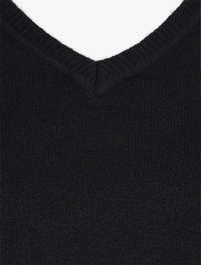 Pull en laine mélangée à col V - Noir - 3
