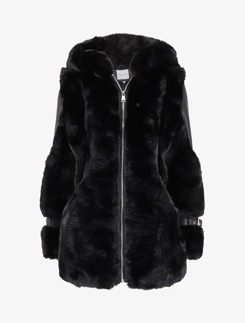 Manteau zippé en simili et fausse fourrure - Noir - 4
