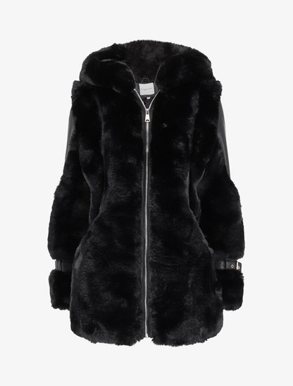 Manteau zippé en simili et fausse fourrure - Noir - 4
