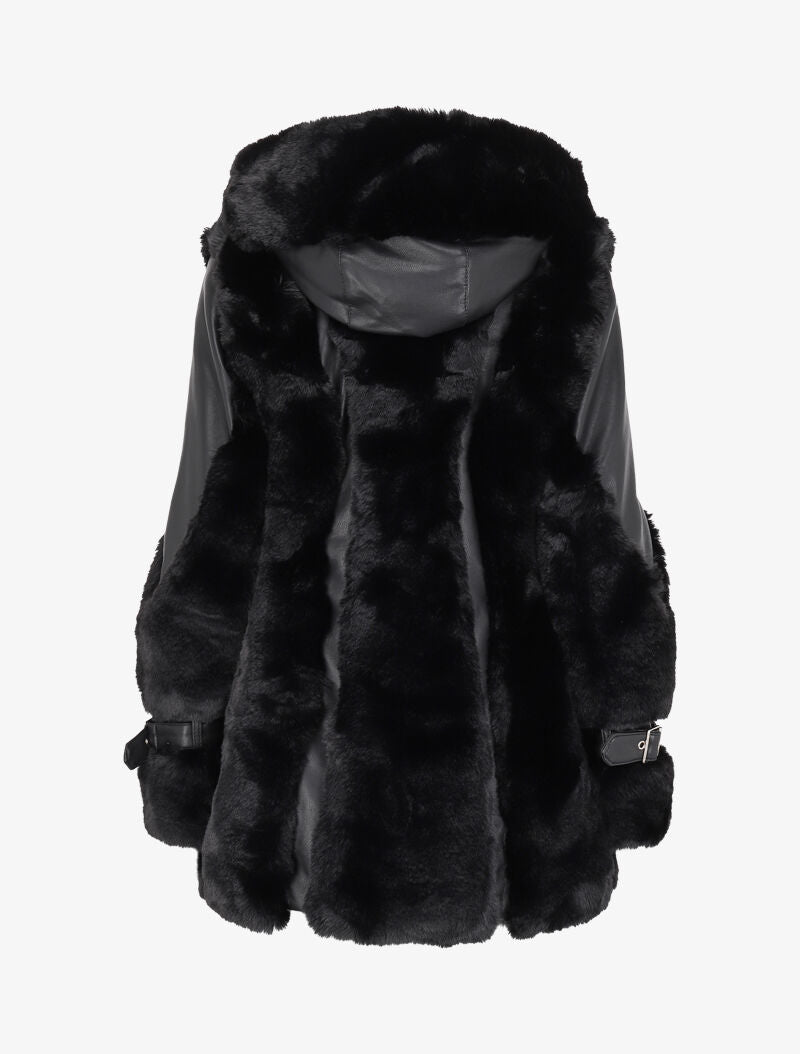 Manteau zippé en simili et fausse fourrure - Noir - 2
