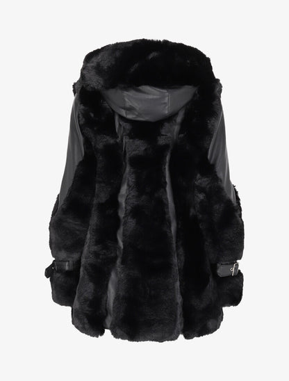 Manteau zippé en simili et fausse fourrure - Noir - 2