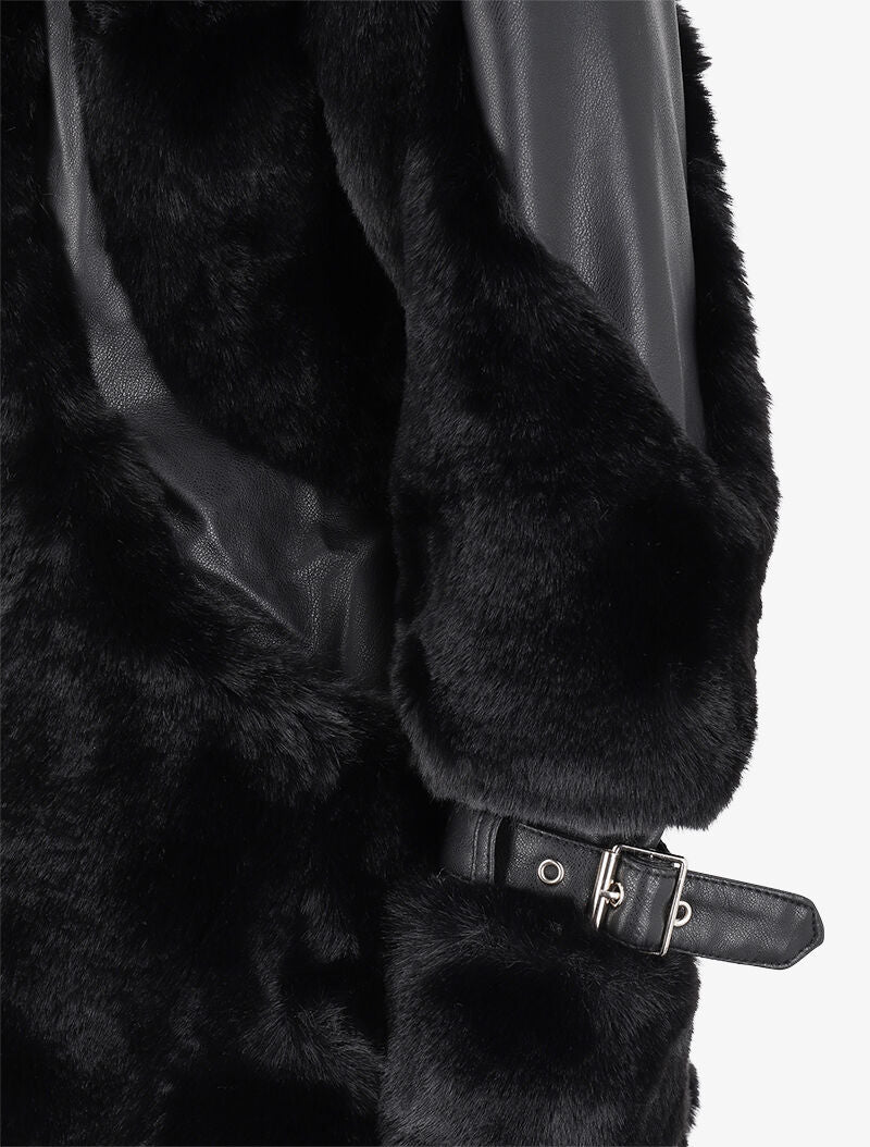 Manteau zippé en simili et fausse fourrure - Noir - 3