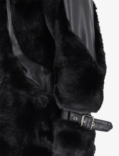 Manteau zippé en simili et fausse fourrure - Noir - 3