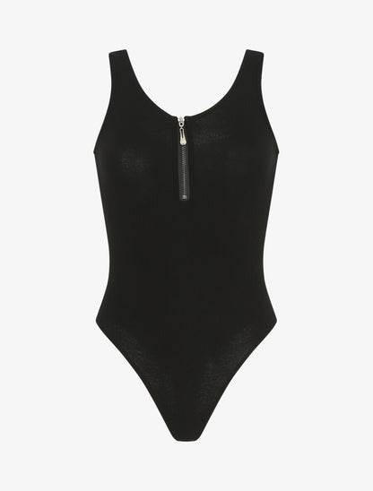 Body uni côtelé à col zippé - Noir - 1