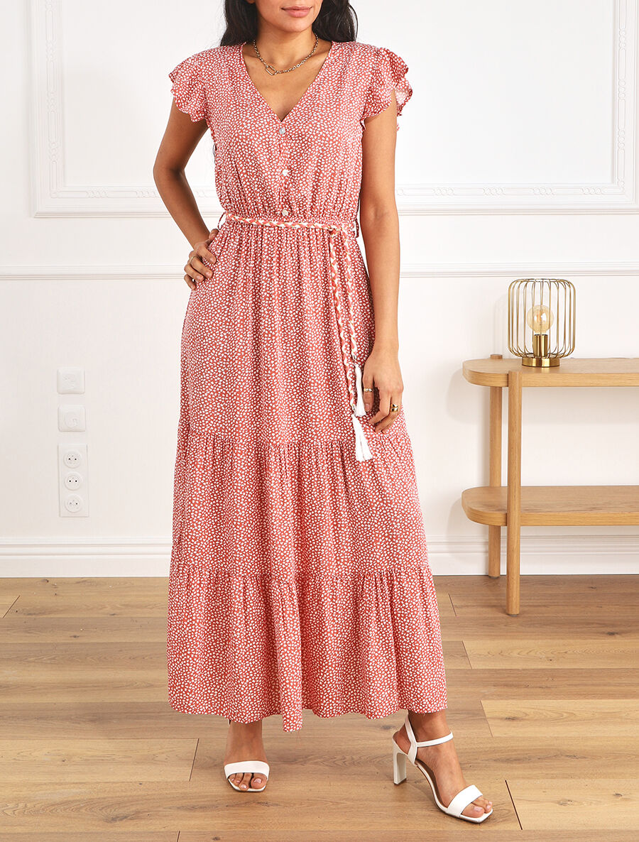 Robe longue à mancherons imprimé tulipe - Rose - 4