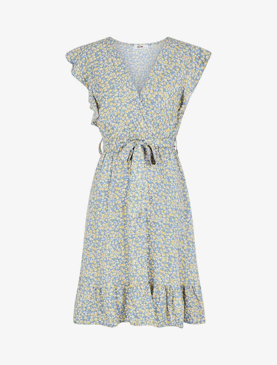 Robe mi-longue imprimé fleuri coupe patineuse - Bleu - 5