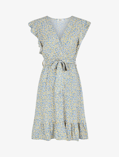 Robe mi-longue imprimé fleuri coupe patineuse - Bleu - 5