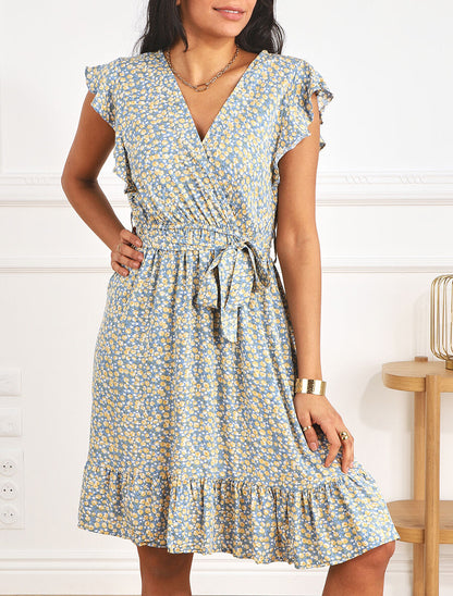 Robe mi-longue imprimé fleuri coupe patineuse - Bleu - 4