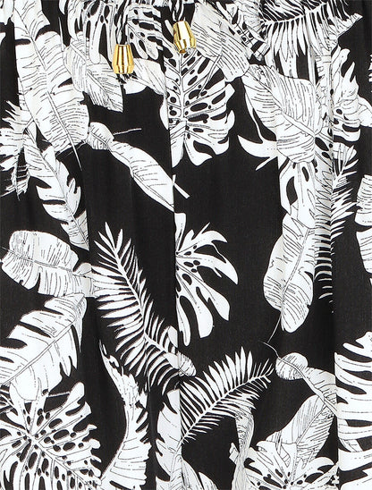 Pantalon ample imprimé feuillage à taille élastiquée - Noir - 3