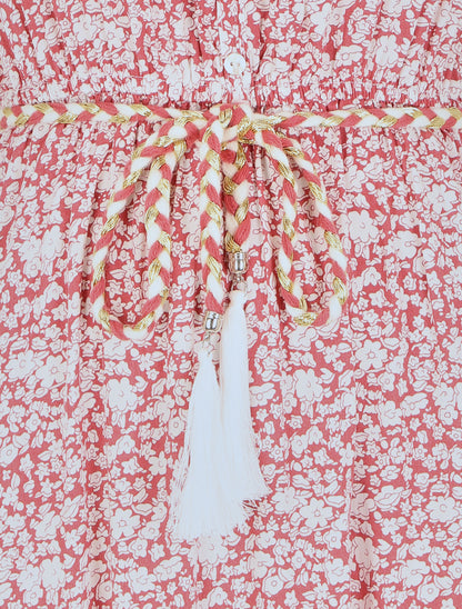 Robe longue élastiquée à imprimé petites fleurs - Rouge - 3