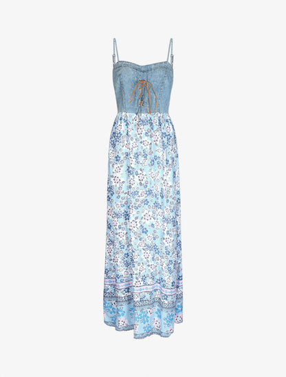 Robe longue bi-matière imprimé fleurs - Bleu ciel - 1