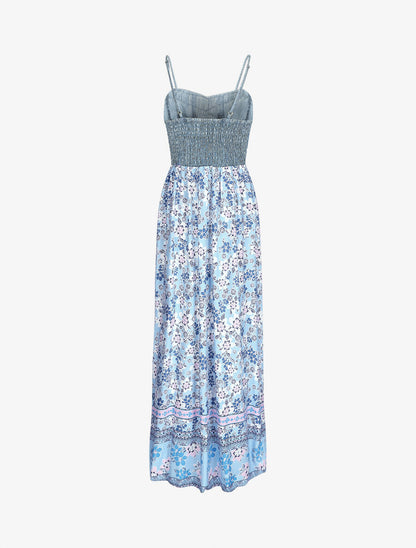Robe longue bi-matière imprimé fleurs - Bleu ciel - 2