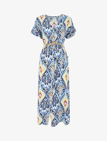 Robe longue droite manches courtes imprimé aztèque - Bleu - 5