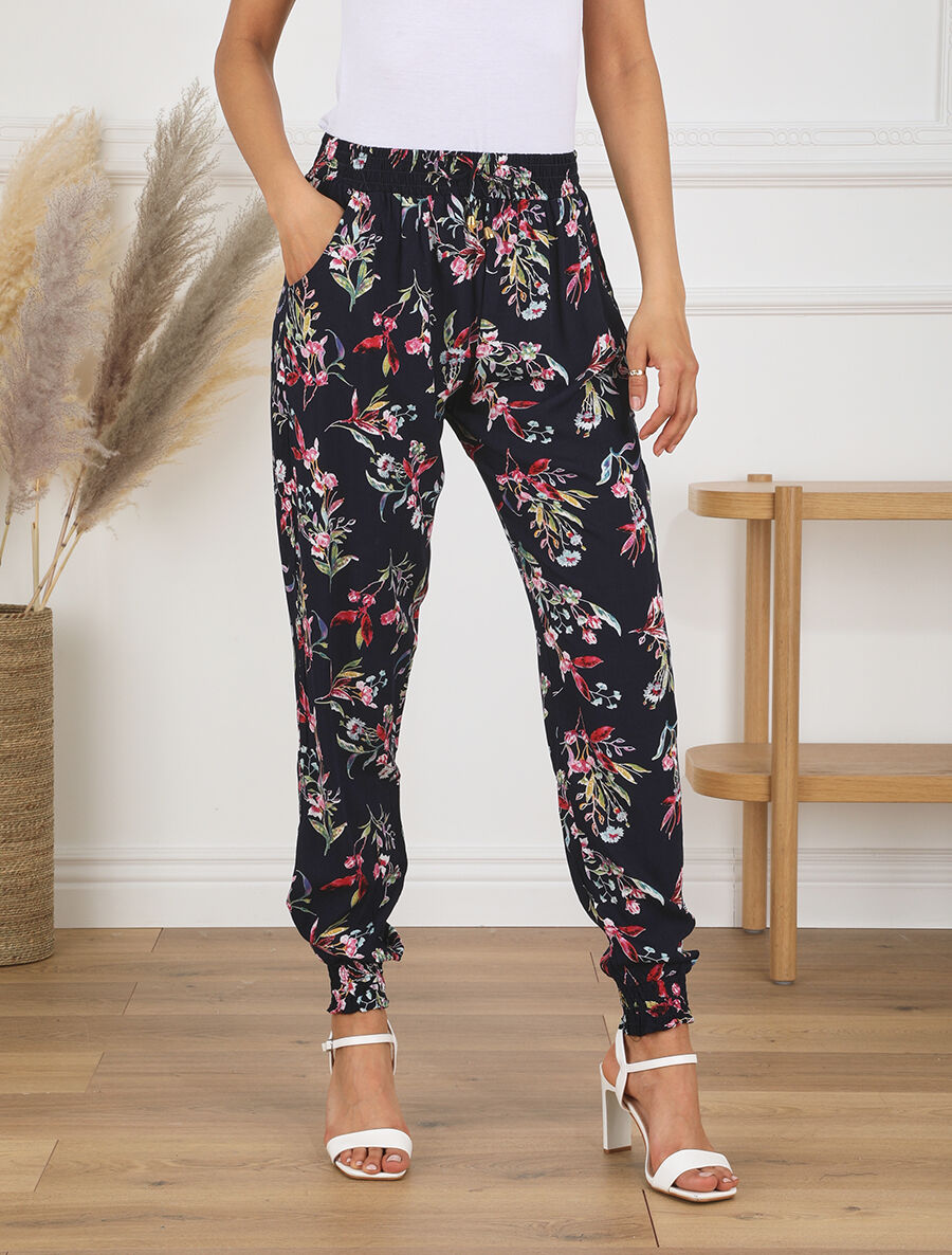 Pantalon style jogging imprimé fleuri - Marine - 4