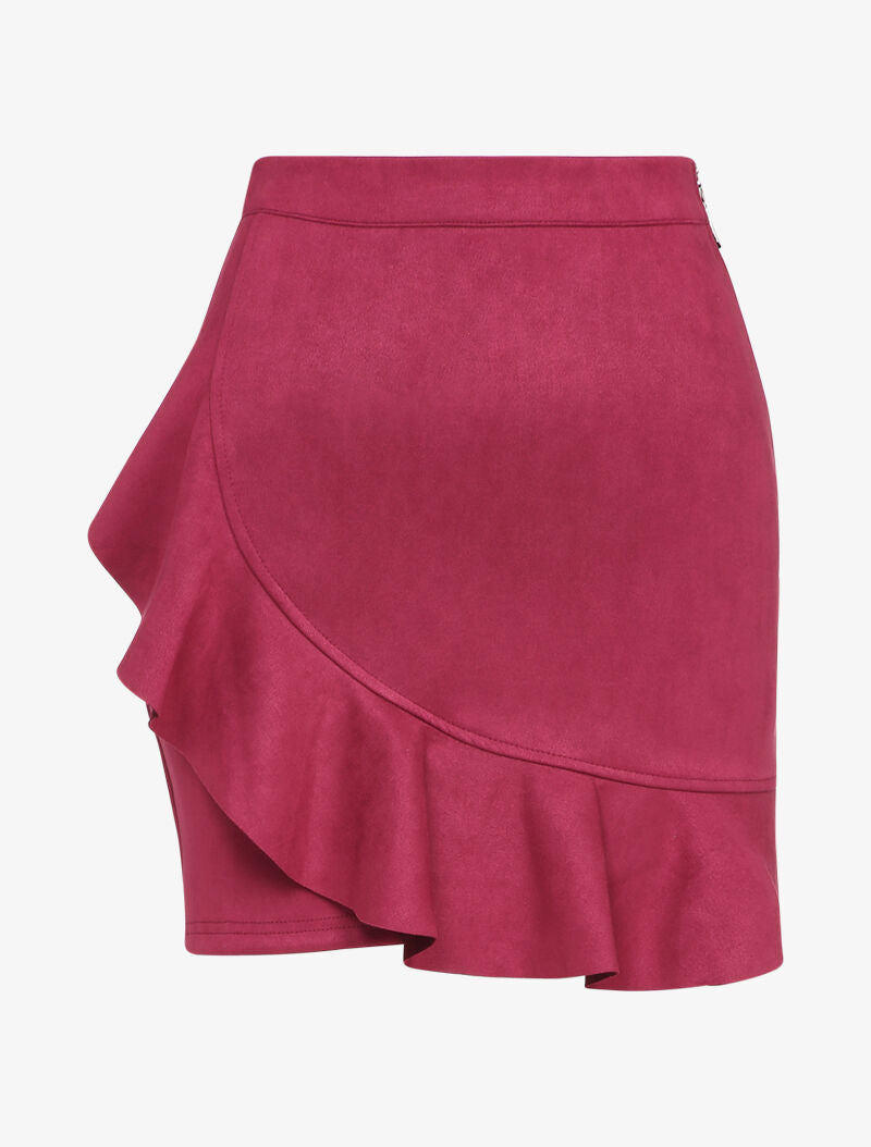 Jupe en suédine volantée style portefeuille - Lie de vin - 1