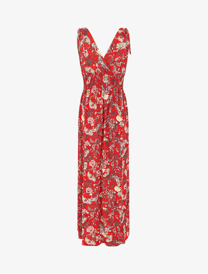 Robe longue élastiquée imprimé foulard - Rouge - 3