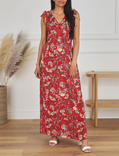 Robe longue élastiquée imprimé foulard - Rouge - 1