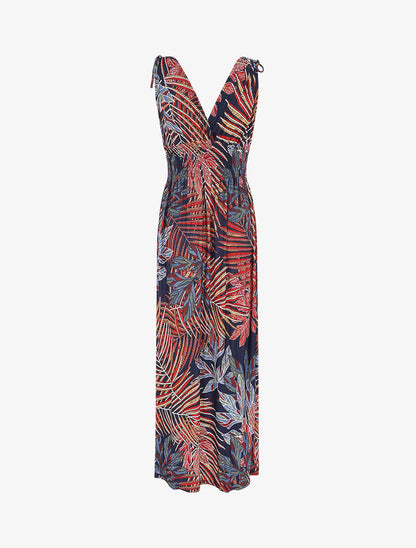 Robe longue élastiquée imprimé feuilles exotiques - Rouge - 2