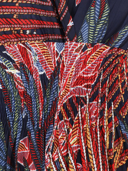 Robe longue élastiquée imprimé feuilles exotiques - Rouge - 3